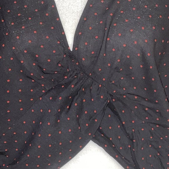 Zara Semi Sheer Crop Blouse Shirt Black Red Polka Dots Smock Waist Deep V Sz L - Picture 2 of 9